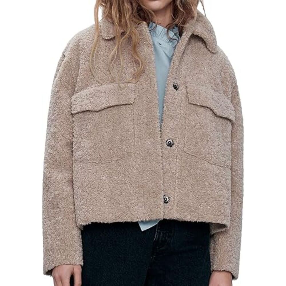 Zara Tan Faux Fur Teddy Sherpa Jacket Shacket Coat Nude Neutral Collared Size S